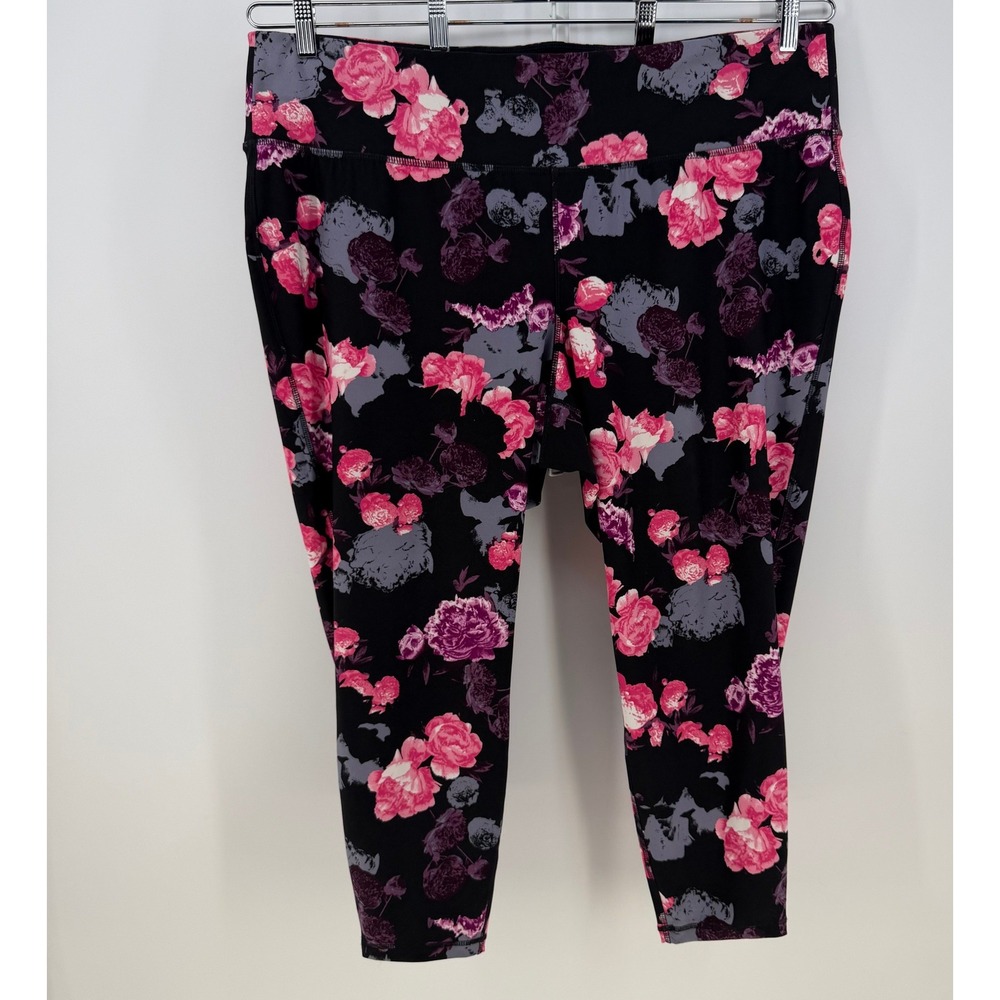 LIVI Active Leggings Women 26/28 Black Pink Floral High Rise Yoga Gym Capri Crop